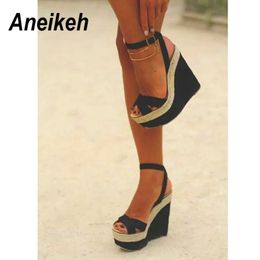 Aneikeh New 2020 Novelty Flock Women Sandals Shoes Wedges High Heels Gladiator Buckle Strap Dance Wedding Pumps Black Size 34-35 1010