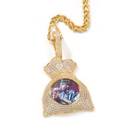 Hip Hop Iced Out Custom Memorial Necklace Pendant Iced Out Zircon money Bag Modelling DIY Custom Photo Pendant Necklace