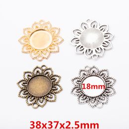 antique silver trays UK - 30pcs 38*37MM Fit 18MM Antique bronze setting sunflower cameo cabochon blank pendant base silver color round stamping tray bezel