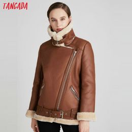 Tangada Women brown fur faux leather jacket coat with belt turn down collar Ladies Winter Thick Warm Oversized Coat 5B01-1 201026