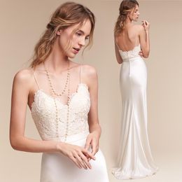 Sexy Ivory Sheath Beach Wedding Dress Spaghetti Straps Long Lace Satin Bridal Gowns Bohemian Summer Backless Simple Bride Dresses 2022