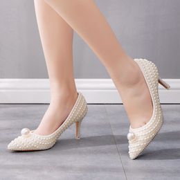 Beige Pearl Pumps Women Pointed Toe White High Heels Lady Sexy Stiletto Bridal Wedding Pary Shoes