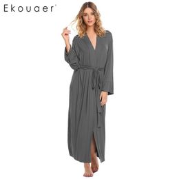 Ekouaer Women Robe Sleepwear Long Kimono Bathrobe Solid Flare Long Sleeve Soft Robe With Belt Female Nightwear Bathroom Spa Robe 210203