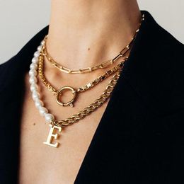 Multilayer Pearl Choker Necklace 2020 New Punk Gothic Long Chains Letter E Statement Necklaces for Women Party Boho Jewelry