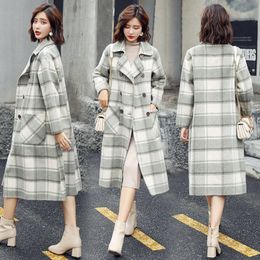 Sweet Plaid Long Coat for Women Wide-waisted Wool Coat and Jacket Turn-down Collar Pockets Women Clothes 201103