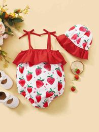 Baby Girl Strawberry Print Cami Bodysuit With Hat SHE