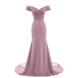 Dusty Rose Pink Bridesmaid Dresses Mermaid Floral Lace Applique Beaded V Neck Wedding Guest Evening Gowns Off Shoulder Maid of Hon2404