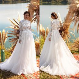 High Neck Wedding Dresses Long Sleeves Bridal Gowns Full Lace Sweep Train Boho Custom Made Soft Tulle Vestido De Novia