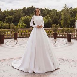 Elegante Satin Brautkleider Langarm Spitze Appliques Braut Kleid Muslimischen Brautkleid Covered Back Vestido de novia 2021