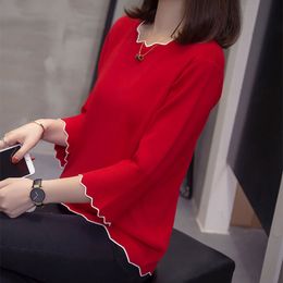 Nkandby Plus Size Pullovers Women Sweater Autum Winter Clothes Wave Flare Sleeve Knitted Top Oversized Office Lady Jumpers 201130