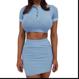 2PCS/Sets Short Sleeve Casual Bodycon Outfits Button Crop Top Knitting Ribbed Fashion Women Skirt
