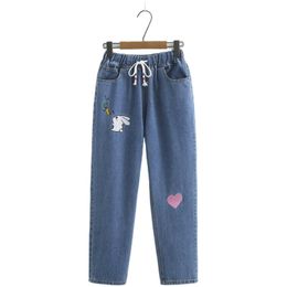 Cartoon Embroidery Jeans For Women Loose Sweet Style Straight Jeans Pants Mid Waist Cotton Jean Female Boyfriend Denim Trousers 201029