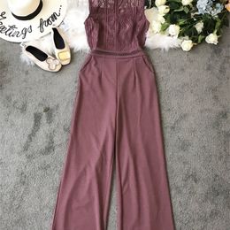 Amolapha Women Lace Crochet Hollow Out Sleeveless High Waist Wide Leg Jumpsuits Off Lady Lace Jumpsuit Rompers T200509