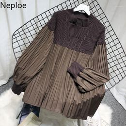 Women's Sweaters Naploe Fall Clothes Vintage Women Patchwork Tops Knit Pullovers V-neck Lantern Sleeve Pleated Sweater Plus Size Pull