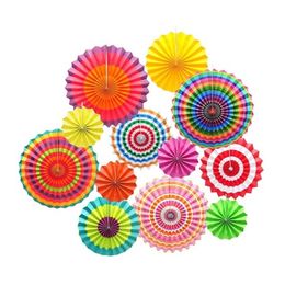 12 Pcs Hanging Circle Paper Fan Colorful Mexican Fiesta Carnival Paper Pinewheel for Party Event Birthday Wedding Backdrop Decor 201201