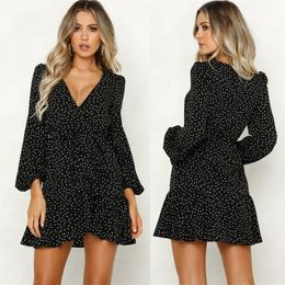 Women V neck Sexy Polka Dot Black Mini Dress Vintage Autumn Winter Women Long Sleeve Wrap Sress Elegant Party Dresses Ladies LJ200808