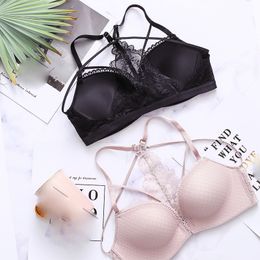 Front Closure lace cross Beauty back pack push up bra and transparent panties seamless wireless underwear girls lingerie sets LJ201031