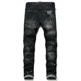 Hot Mens Badge Rips Stretch Black Jeans Fashion Designer Slim Fit Washed Motocycle Denim Pants Panelled Hip HOP Trousers 2020