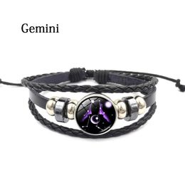 Zodiac Glass Metal Buckle Charm Fashion Constellation Jewellery Black Weave Multilayer Leather Bracelet
