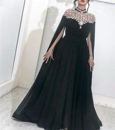 Black Muslim Evening Dresses 2022 High Neck Caped Beading Chiffon Dubai Kftan Saudi Arabic Formal Prom Gowns Long