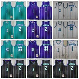 Men Vintage Basketball Alonzo Mourning Jersey 33 Tyrone Muggsy Bogues 1 Larry Johnson 2 Green White Purple Sport Team Color All Stitch Good Quality