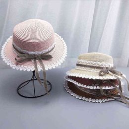 Summer Pastoral lace bow knot plaid straw hat female soft girl sweet sunshade straw hat Parent-child G220301