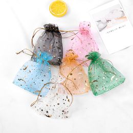 100pcs lot Moon Star Organza Bags 9x12cm Small Christmas Drawstring Gift Bag Charm Jewelry Packaging Bags & Pouches
