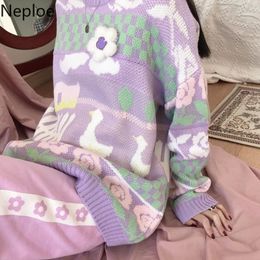 Neploe Women Sweaters and Pullovers Cartoon Duck Rose Knitted Tops Autumn Winter Korean Long Sleeve O-neck Pull Tops 4D070 201030