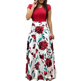 Women Casual Dresses Short Sleeve Maxi Dress Round Neck Floral Print Slim Tunic Long Dress Plus Size S-5XL