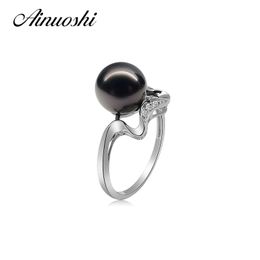 AINUOSHI Classic Natural Southsea Tahitian Black Pearls 8-8.5mm Round Pearl Rings 925 Sterling Silver Women Wedding Ring Jewelry Y200106