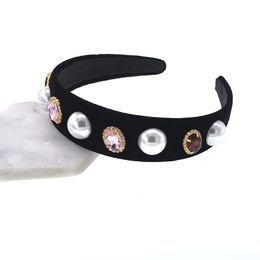 Wide Headband Luxury Baroque Retro Flower Crystal Crown Tiara Black Headwear Women Wedding Hair Jewellery Headdress Accessory