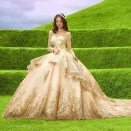 Stunning Beaded Lace Ball Gown Quinceanera Dresses Long Sleeves Sheer Bateau Neck Appliqued Prom Gowns Sequined Sweep Train Tulle Sweet 15 Masquerade Dress BES121