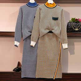 Lattice Sweater and Skirt Suit Patchwork Half Turtleneck Long Sleeve Oversize Knitted Pullover Tops and Bodycon Skirt 2 pce Sets 201130