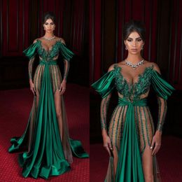 Dark Green Evening Dresses Sheer Jewel Neck High Side Split Long Sleeve Mermaid Prom Dress Satin Saudi Arabia Celebrity Red Carpet257A