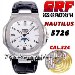 2022 GRF V4 5726 Cal.324SC A324 Automatic Mens Watch Annual Calendar Moon Phase White Textured Dial Stainless Steel Case Leather Strap Super version eternity Watches