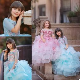 2020 Lovely Flower Girls Dresses Short Sleeve Lace Beads Floor Length Kids Formal Wear Custom Made Birthday Toddler Girls Pageant Gowns