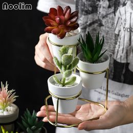 3 in 1 Succulents Planters Modern Small Flower Pots with Metal Stands Office Decorative Tabletop Cactus Pots Home Decoration Y200723