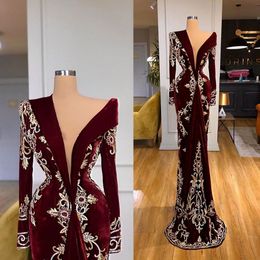 2021 Burgundy Velvet Evening Dresses Lace Appliques Long Sleeve Elegant Evening Gowns Red Carpet vestido de novia