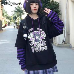 Hikigawa Hoodie Fake Two Piece Hooded Sweatshirt Striped Patchwork Hoodie Clothes for Teens Y2K Anime Harajuku Black Tops 220215