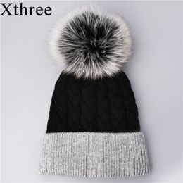 Xthree winter wool knitted beanies Cashmere real mink fur pom poms Skullies for women girls hat feminino Y200102 s