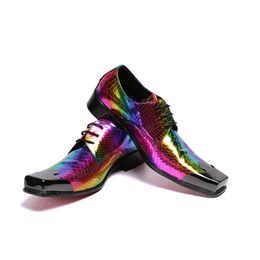 Laser Multicolour Party Men Oxford Shoes Square Toe Wedding Club Brogue Shoes Real Leather Lace Up Dress Shoes