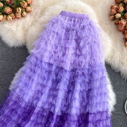 Skirts Purple/Be/Orange Mesh Long Skirt Casual High Waist Cascading Ruffle Midi Faldas Female Autumn Draped Saias 2022 New Fashion