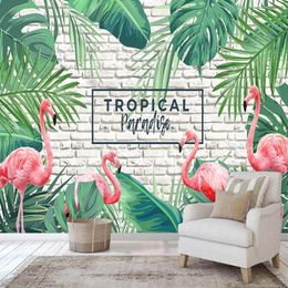 Custom Southeast Asia Tropical Plant Green Leaf Flamingo Wallpaper Mural Living Room Bedroom Background Photo Papel De Parede 3D