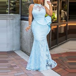 Sky Blue Aso Ebi Mermaid Prom Dresses With Lace Appliques Halter Neck Peplum Mermaid Evening Gowns African Black Girls Party Dress Vestidos