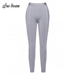 New Women'S Fashion Sexy Gray Jacquard Striped Bandage Pants Pencil Pants Bodycon Celebrity Party Trousers 201109