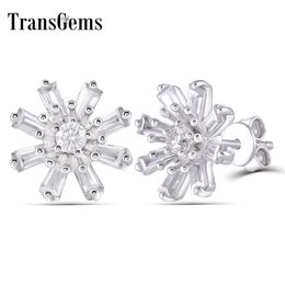 TransGems Solid 14K 585 White Gold Center 3mm F Color Moissanite with Baguette Accents Snow Stud Earrings Push Back for Women Y200620