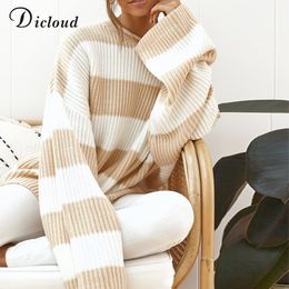 DICLOUD Casual Oversized Striped Sweater Women Autumn Long Sleeve Loose Pullover Winter Knitted Ladies Jumper White Top