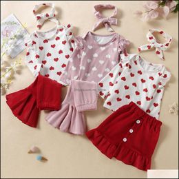 Clothing Sets Baby & Kids Baby, Maternity Girls Valentines Day Outfits Children Love Heart Print Flying Sleeve Tops+Veet Flared Pants+Headba