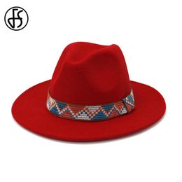 FS 2020 Wool Jazz Fedora Hats Casual Men Women With Wide Brim Ribbon Band Felt Trilby Cap White Pink Yellow Panama Hat
