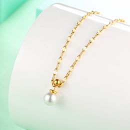 Korean Style 18K Gold Plated Stainless Steel Chain White Pearl Pendant Necklace for Sale